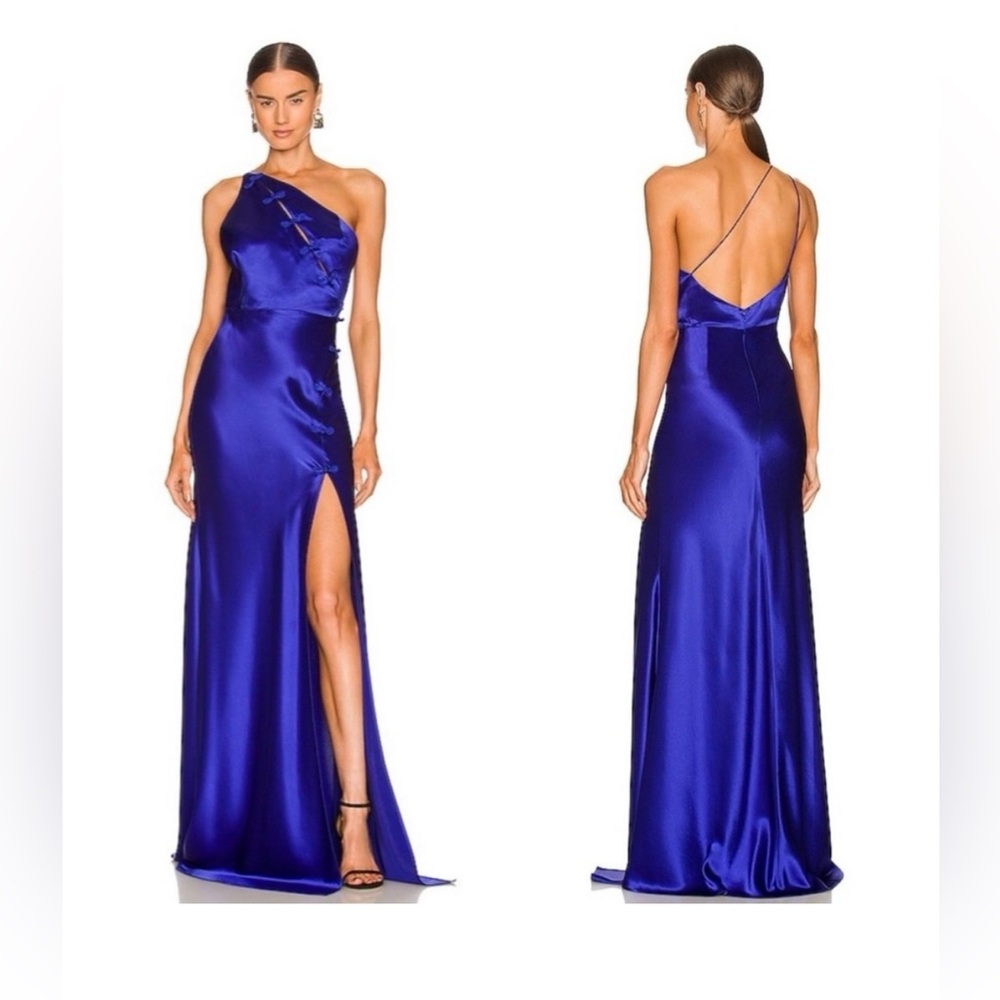 Sau Lee Heidi Gown Colbalt Blue Satin One-Shoulder Dress US 6  (M) New with Tags
